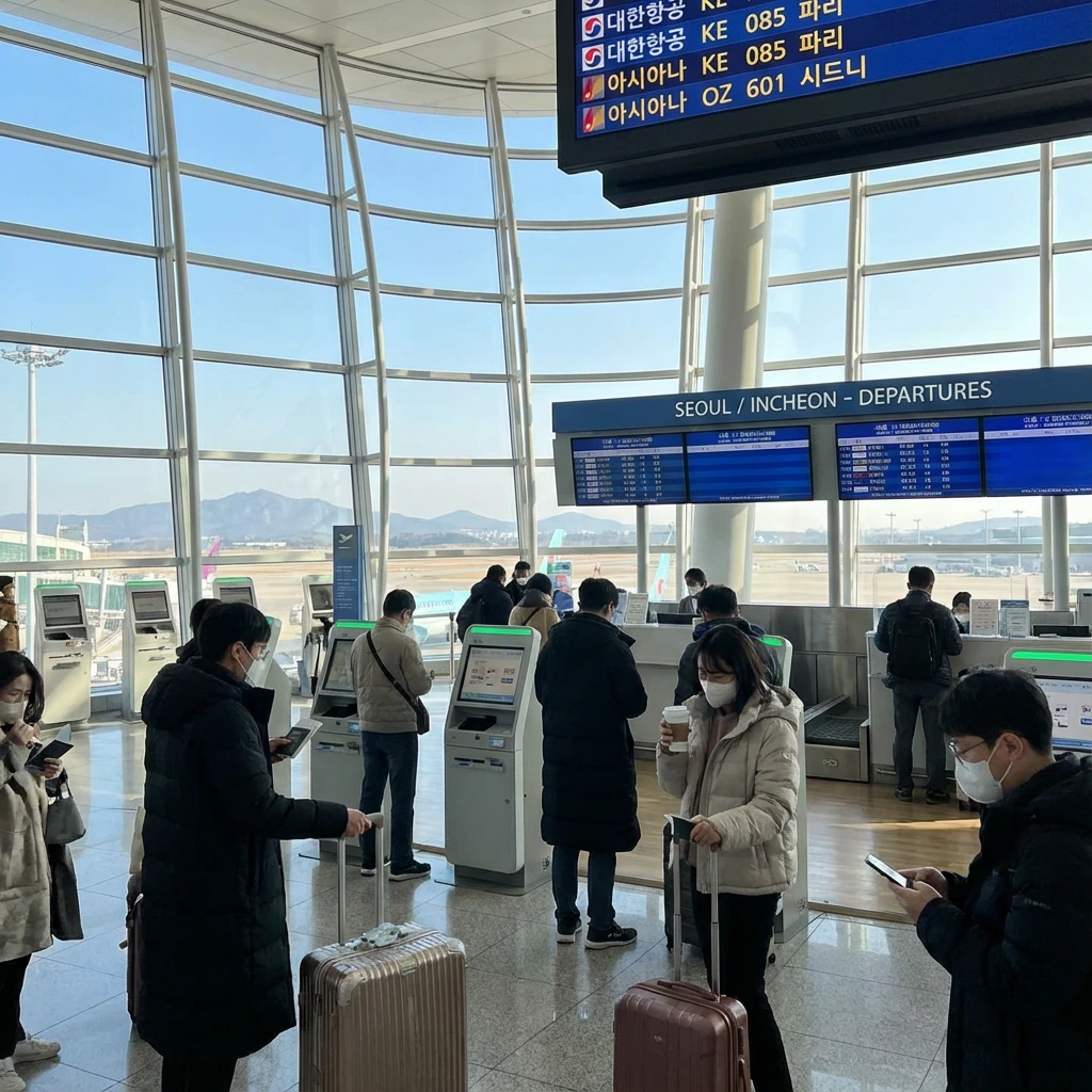 공항 출국장에서 여권을 들고 있는 여행객