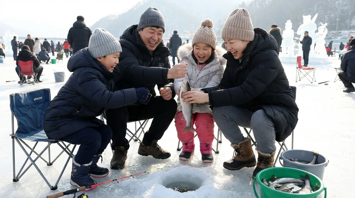 화천산천어축제 얼음낚시장에서 가족이 함께 낚싯대를 잡고 있고 얼음 구멍에서 산천어를 낚아 올리며 환호하고 있는 행복한 장면