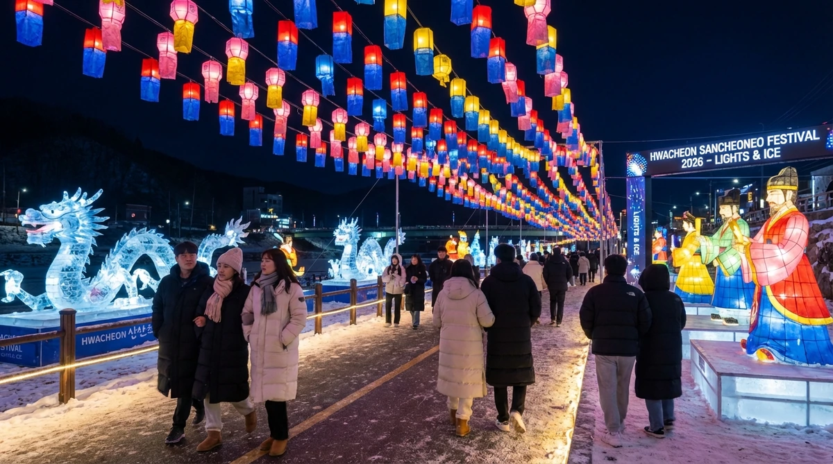 화천산천어축제 선등거리 야경, 화려한 LED 등불과 얼음조각이 밤하늘 아래 빛나고 있고 관광객들이 야경을 감상하며 걷고 있는 낭만적인 풍경