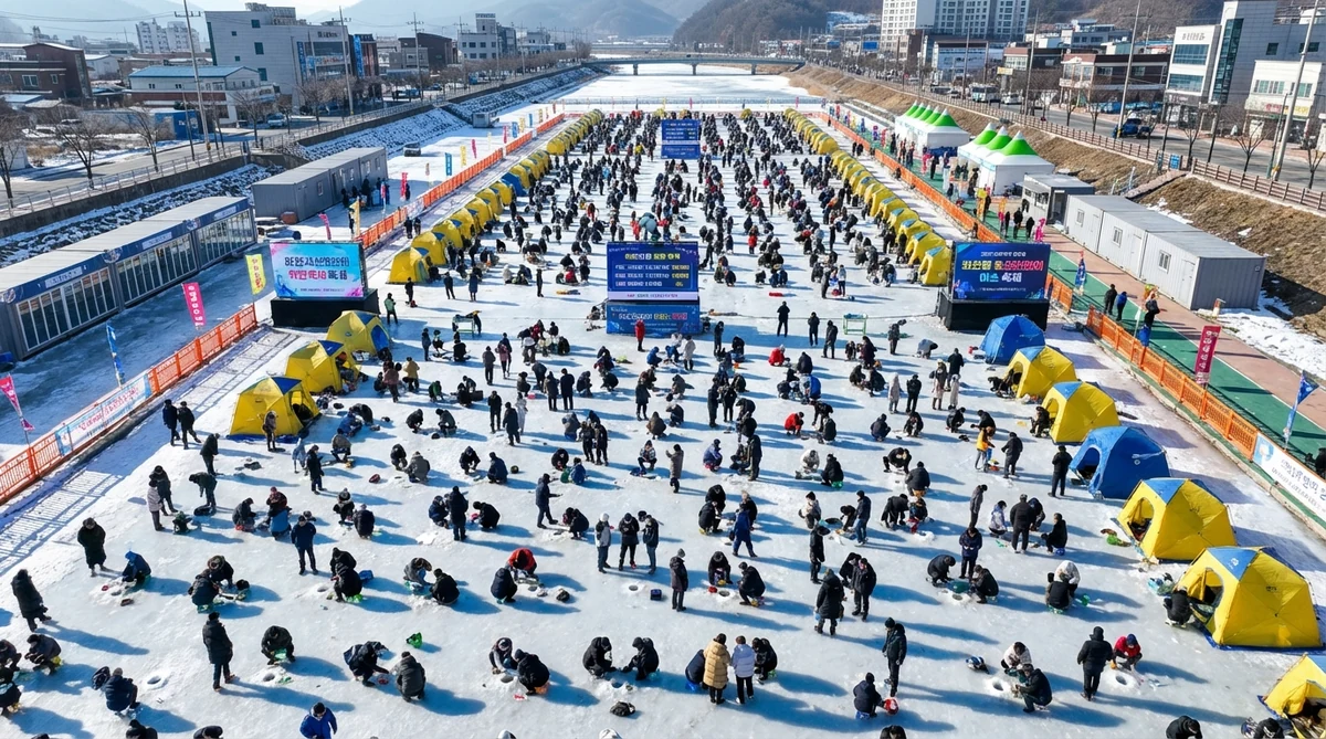 화천산천어축제 100만명 현장에서 수만 명의 관광객이 꽁꽁 언 얼음판 위에서 얼음낚시를 즐기고 있는 전경, 축제 깃발과 텐트가 설치되어 있고 관광객들이 낚싯대를 들고 있는 모습
