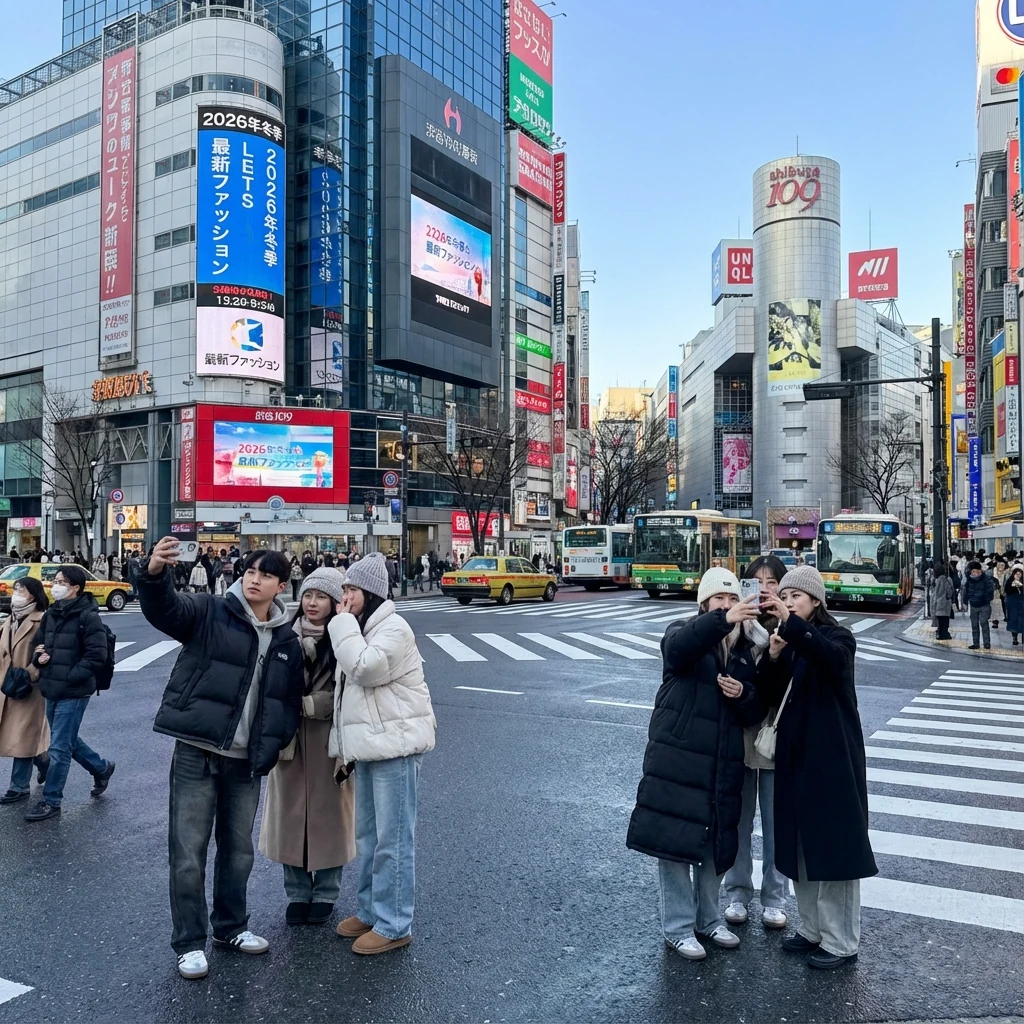 2026년 2월 겨울 도쿄 시부야 스크램블 교차로에서 최신 패션을 입은 20대 한국인 여행객들이 겨울 코트를 입고 스마트폰으로 사진을 찍으며 횡단보도를 건너는 장면, 현대적인 네온사인과 고층 빌딩 배경