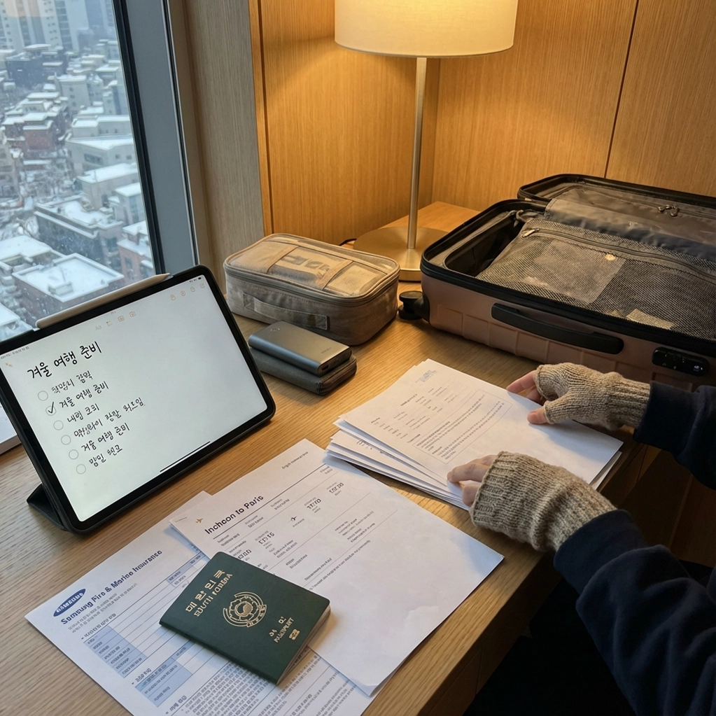 2026년 한국인 여행자가 여행 가방을 싸면서 책상 위에 여행자보험 서류, 여권, 항공권을 정리해 놓은 모습, 체크리스트를 확인하는 손