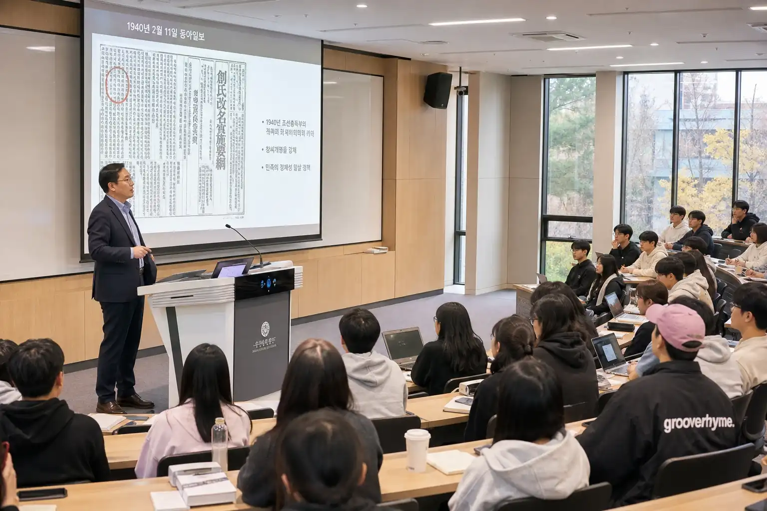 현대적인 대학교 강의실에서 빔프로젝터로 1940년 창씨개명 관련 신문 기사를 띄워놓고 수업하는 역사 교사와 대학생들의 모습