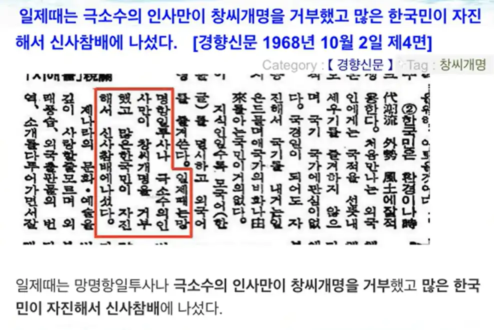 경향신문의 1968년 기사에 극소수의 인사만이 창씨개명에 거부했다고 기록하고있다. 