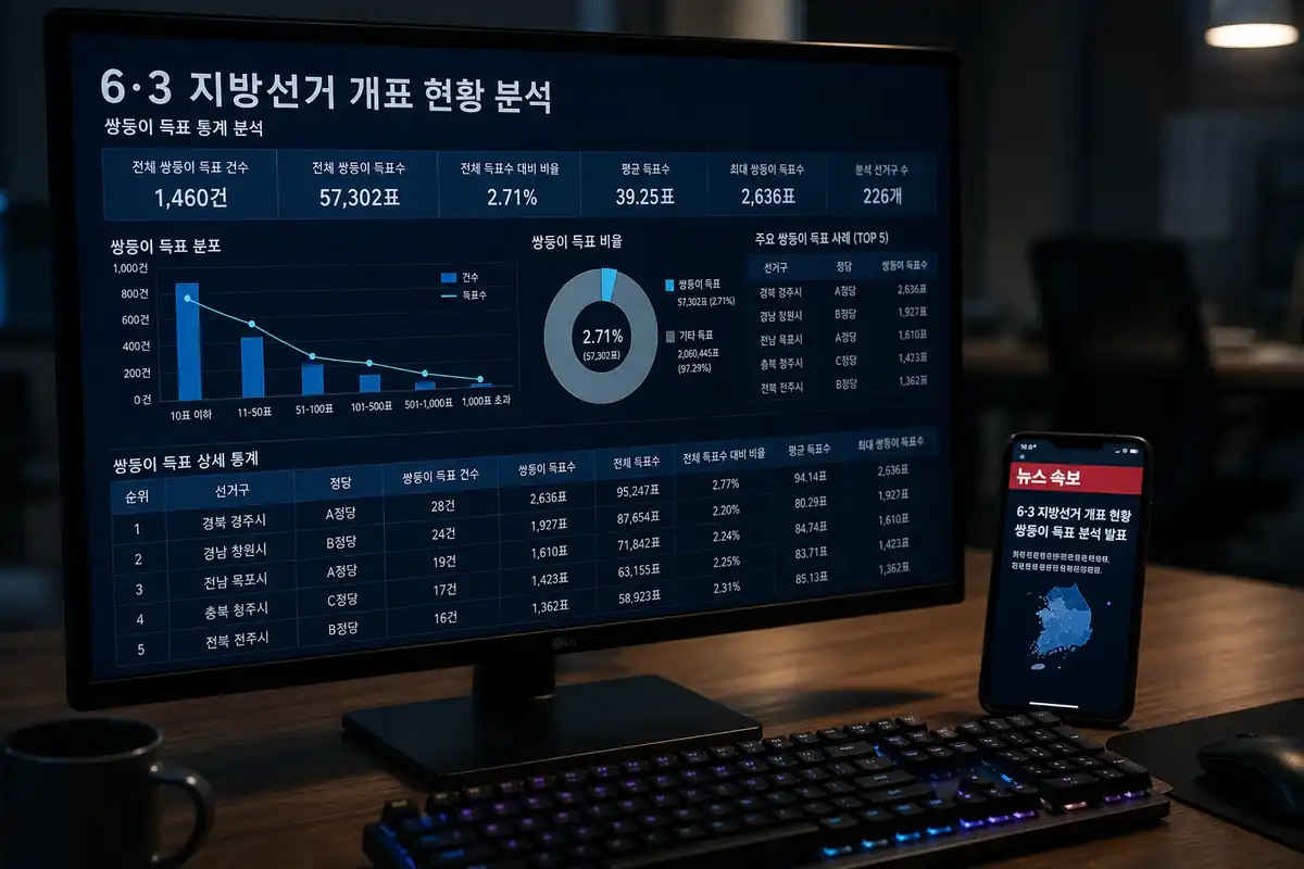 6·3 지방선거 개표 현황 분석 창이 컴퓨터 모니터에 보여지고, 이와 관련된 뉴스가 스마트폰 화면에 나타나 있다