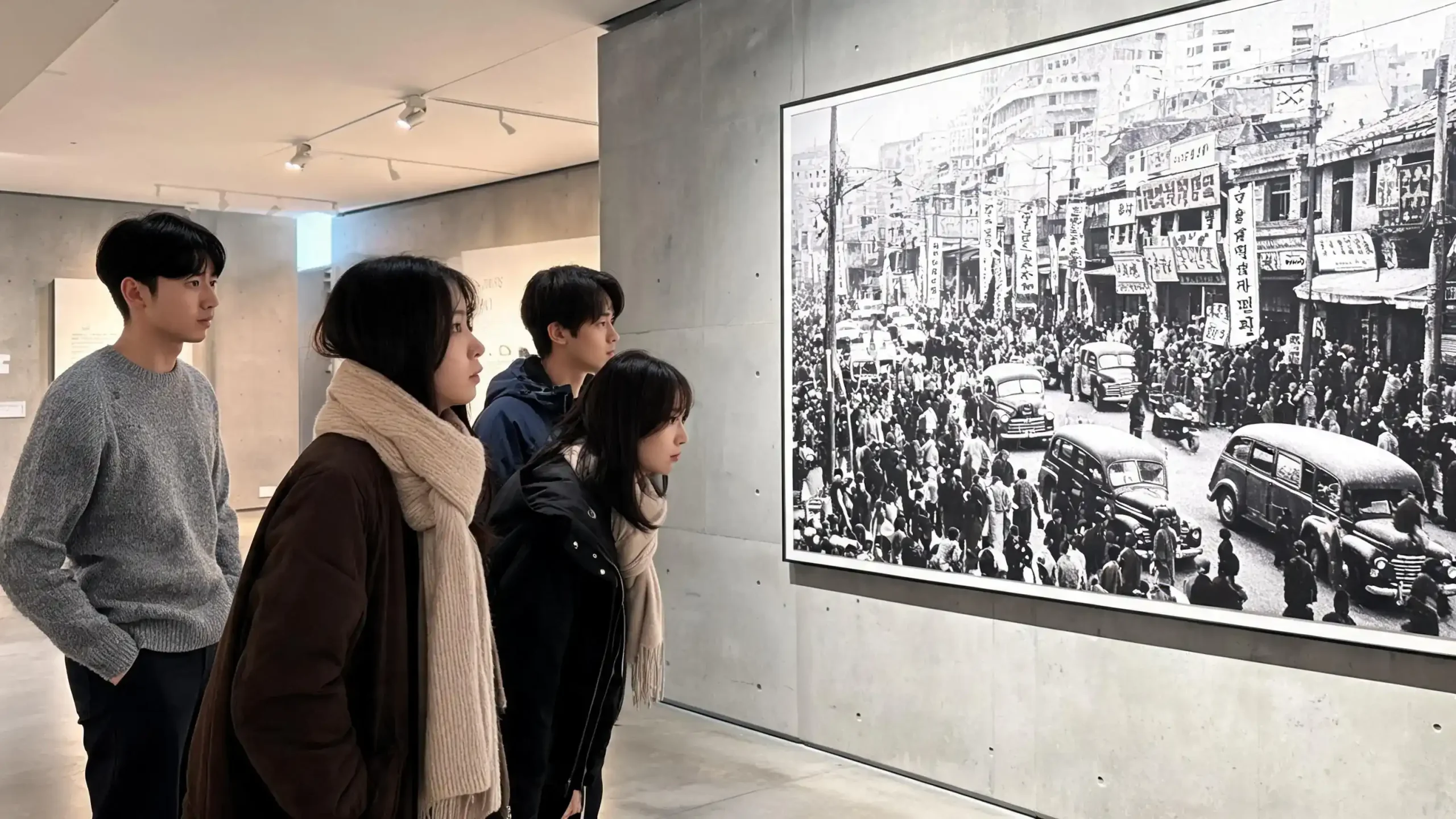 2026년 가을 서울의 한 역사 박물관 특별 전시실에서 관람객들이 1945년 해방 직후 혼란스러웠던 서울 거리를 촬영한 대형 흑백 사진 자료를 진지한 표정으로 관람하고 있는 현대적인 분위기의 사진