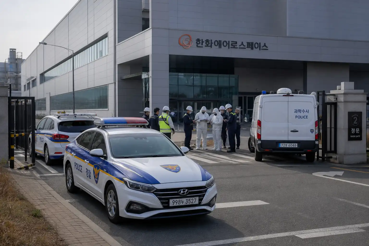 한화에어로스페이스 대전사업장 정문 앞에 경찰 차량과 민간 합동 조사단의 차량이 주차되어 있으며 과학수사대 요원들이 장비를 들고 건물 내부로 이동하는 정돈된 현장 모습