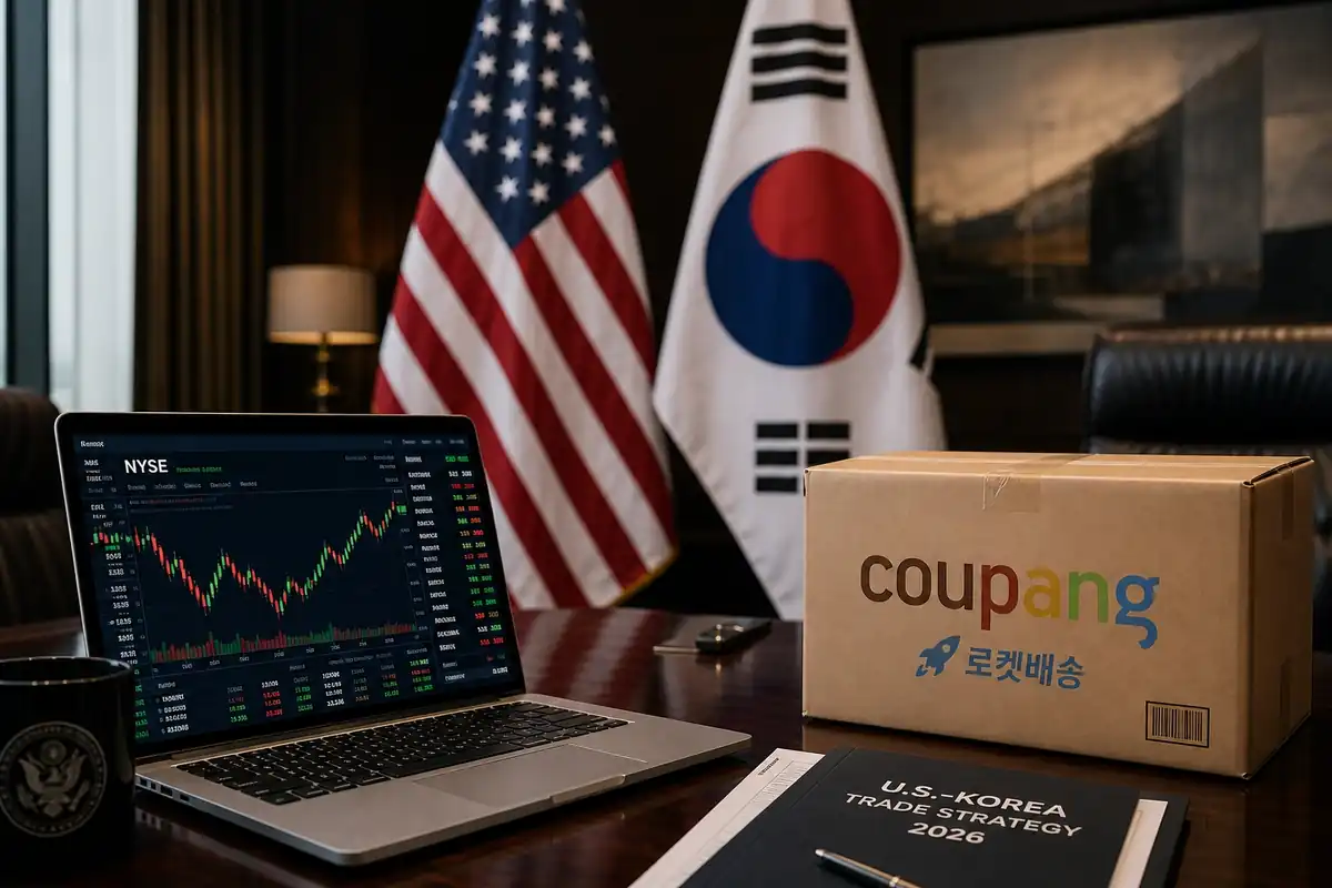 성조기와 태극기가 배경으로 배치되어 있고 그 사이에 뉴욕증시 차트와 쿠팡 택배 상자가 나란히 놓여 긴장감을 자아내는 2026년 국제 무역 갈등 모티브 사진