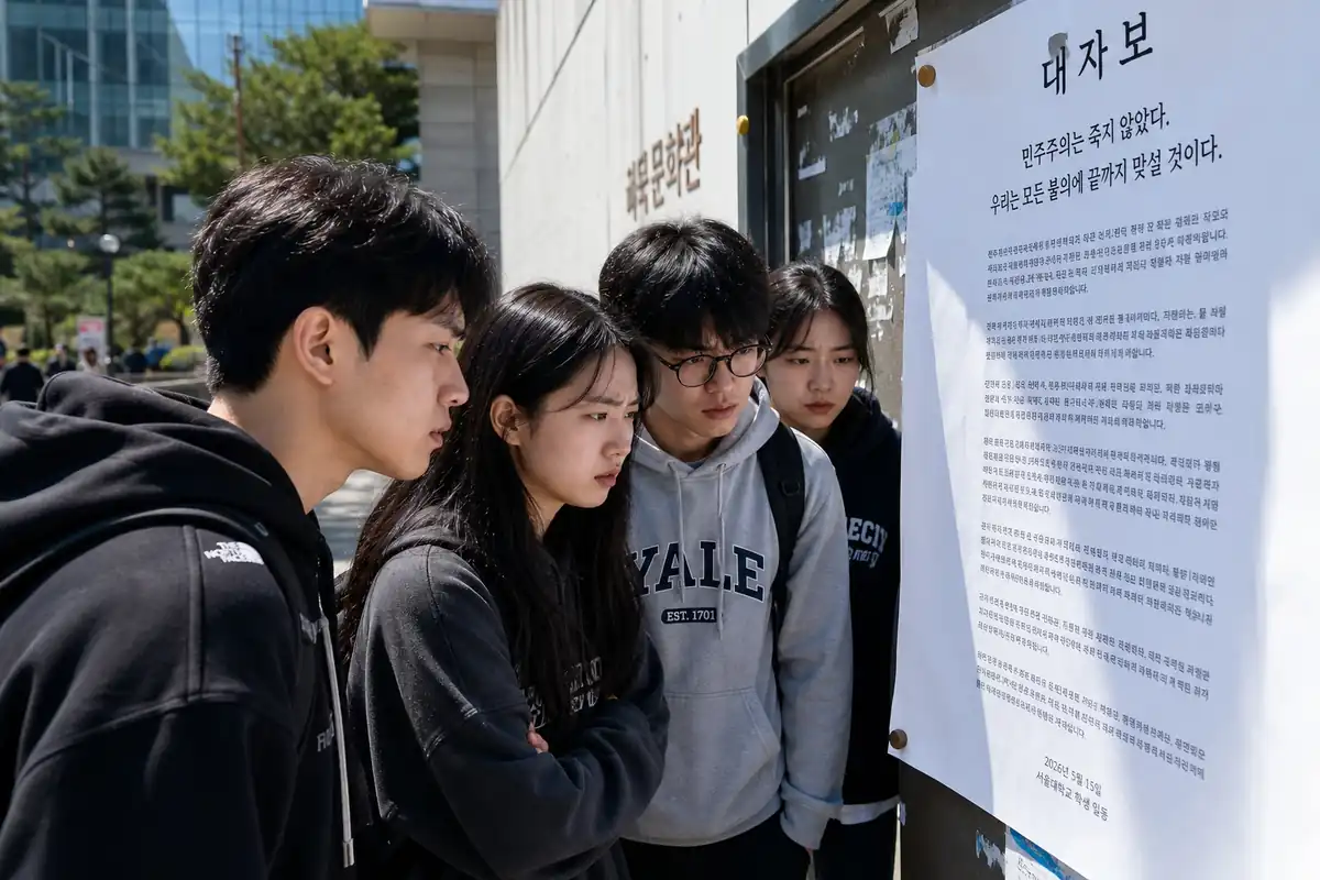 2026년 대한민국 대학 교정에 한 학과 게시판 앞으로 학생들이 모여 현직 교수의 폭력적 언사를 규탄하는 대자보를 읽으며 심각한 표정으로 대화하는 모습
